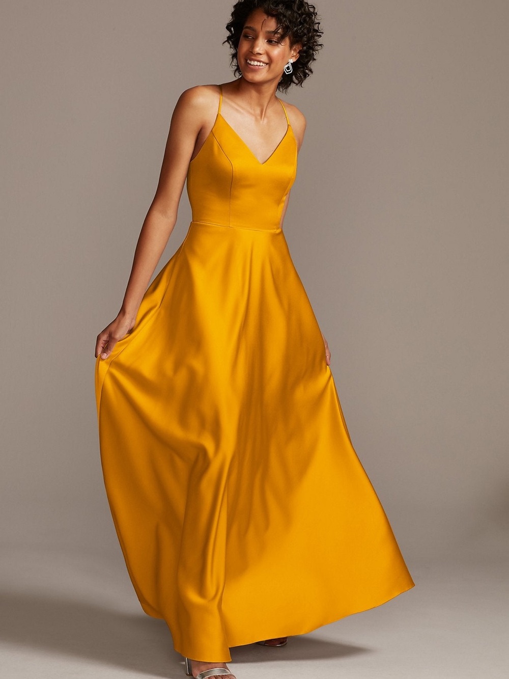 DB Studio David’s Bridal Satin V-Neck Spaghetti-Strap Maxi Dress in Marigold